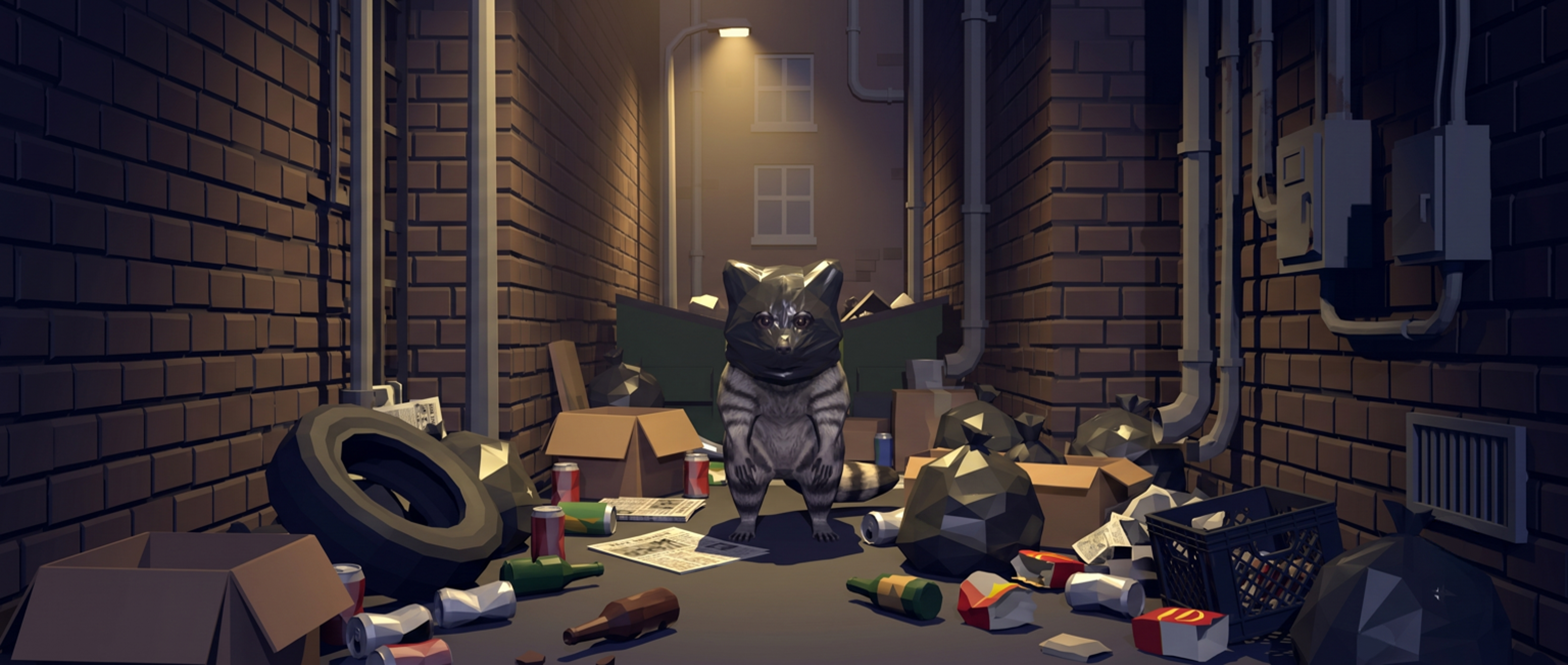 A raccoon standing in a lit alley at night