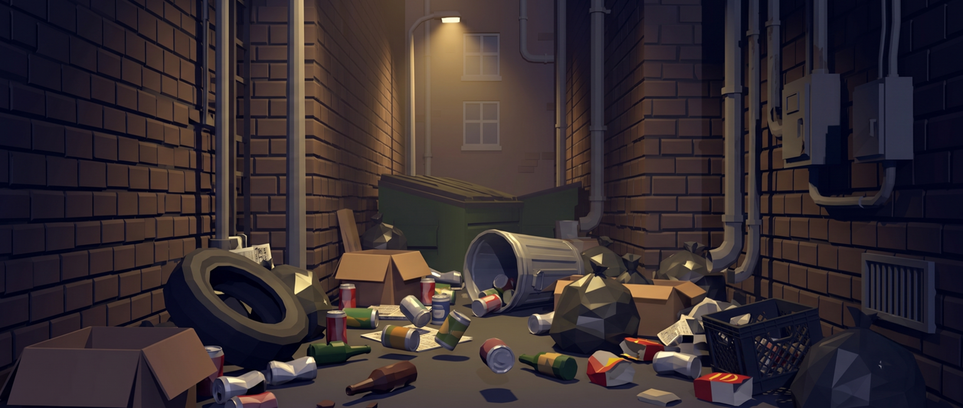 An empty alley with a knocked over bin